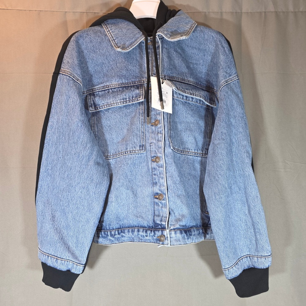 KBB Mixed Media Denim Jacket Hoodie Black Blue Light Wash Oversized Trucker